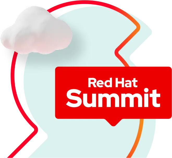 Curved graphic behind a 3D cloud and the Red Hat Summit logo